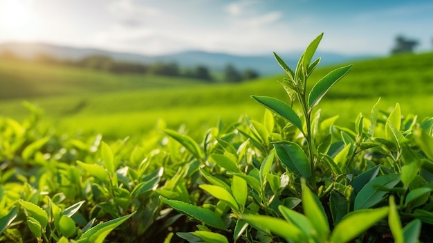 Foto chá verde deixa brotos de chá plantações de chá verde na natureza matinal com sol