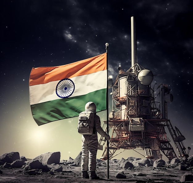 Foto Chandrayaan 3 Astronaut mit indischer Flagge auf dem Mond indain Unabhängigkeitstag Konzept