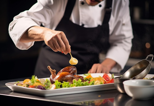 Foto del chef adornando y decorando la comida del restaurante en la cocina