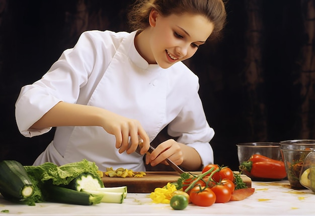 Foto del chef adornando y decorando la comida del restaurante en la cocina