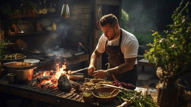 Una foto de un chef de catering cocinando en una cocina rústica al aire libre