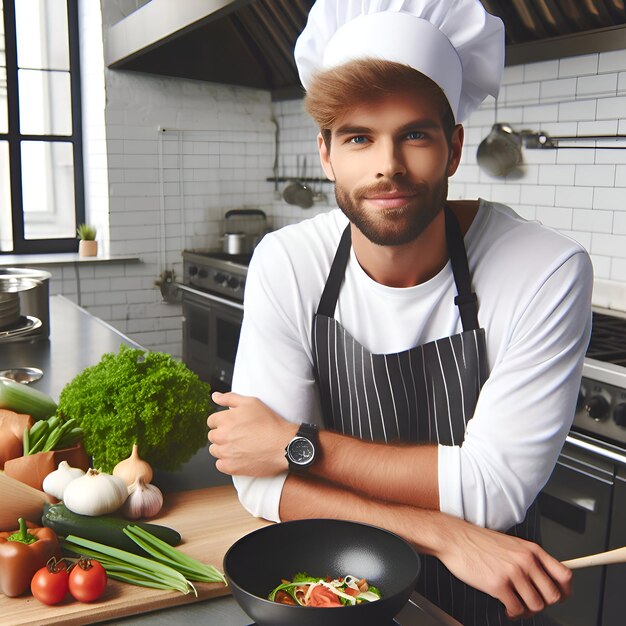 Foto foto de un chef masculino con un sombrero de chef cocinando en la cocina de un restaurante