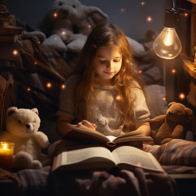 Foto de una chica adorable leyendo un concepto de narración de historias