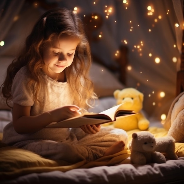 Foto de una chica adorable leyendo un concepto de narración de historias