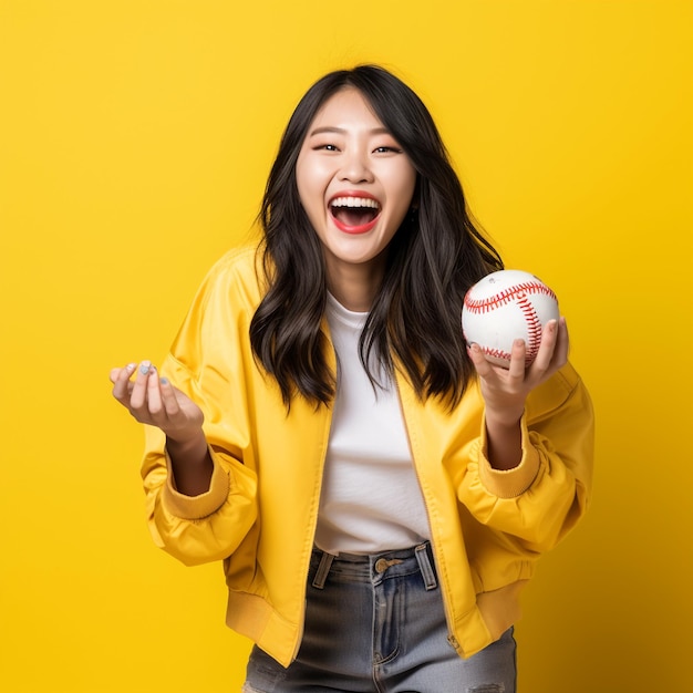 Foto foto de una chica asiática emocionada con una pelota de béisbol aislada