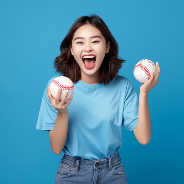 Foto foto de una chica asiática con una pelota en la mano