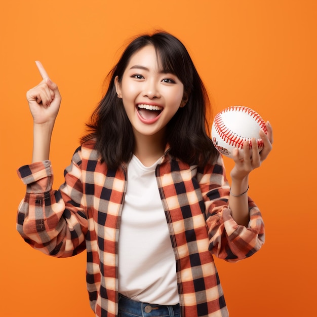 Foto de una chica asiática con una pelota en la mano