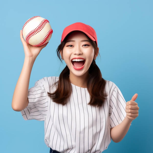 Foto de una chica asiática con una pelota en la mano