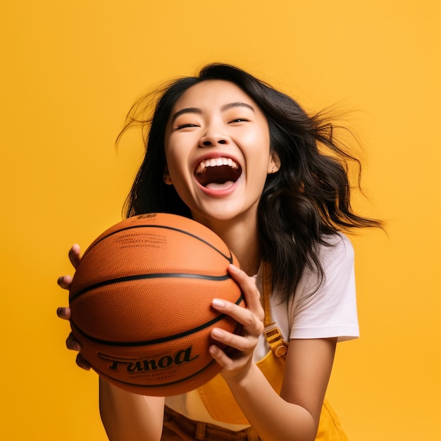 Foto de una chica asiática con una pelota en la mano