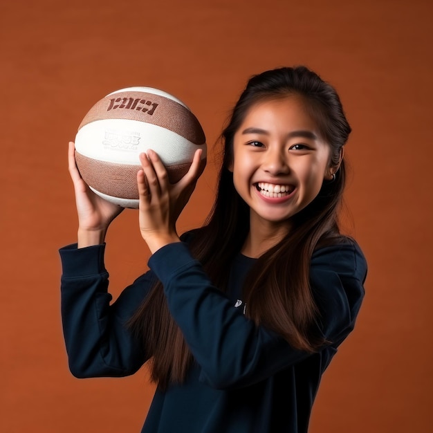 Foto de una chica asiática con una pelota en la mano