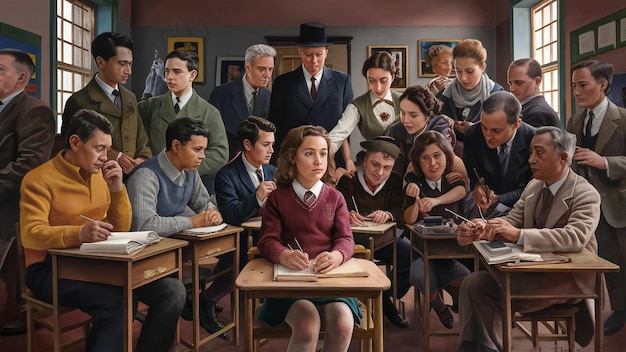 una foto de una chica en un aula con otros estudiantes