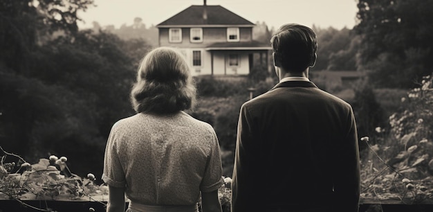 foto de una chica y un chico desde atrás mirando una casa en colores blanco y negro