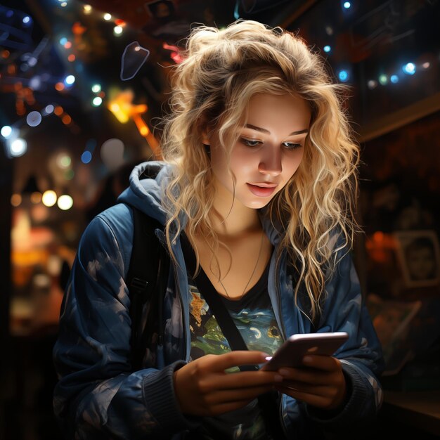 Foto foto de una chica en la ciudad mirando al teléfono celular