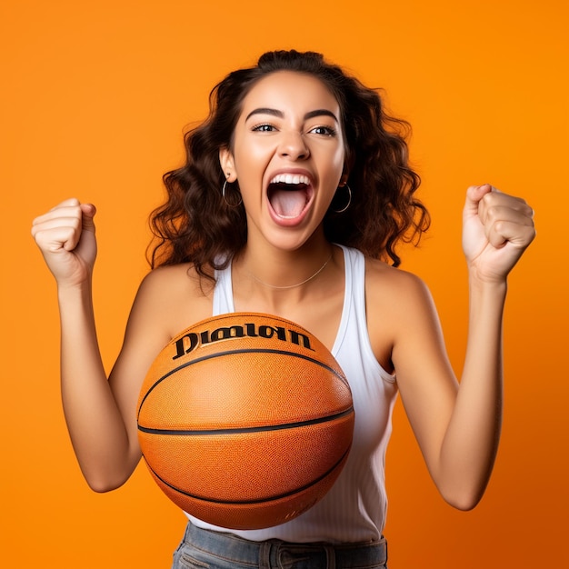 foto de una chica emocionada sosteniendo un baloncesto aislado en una pared de color naranja