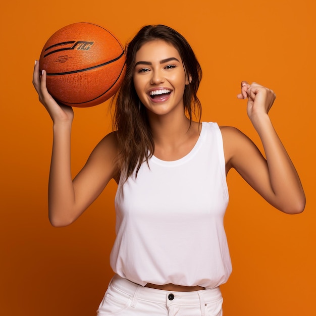 Foto foto de una chica emocionada sosteniendo un baloncesto aislado en una pared de color naranja