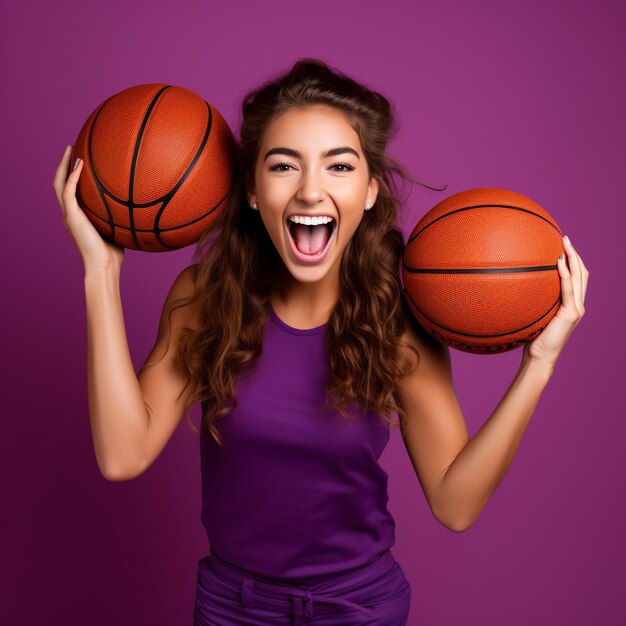 foto de una chica emocionada sosteniendo un baloncesto aislado en una pared de color púrpura