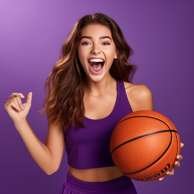 Foto foto de una chica emocionada sosteniendo un baloncesto aislado en una pared de color púrpura