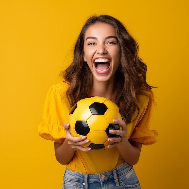 Foto foto de chica emocionada sosteniendo un fútbol aislado en la pared de color amarillo