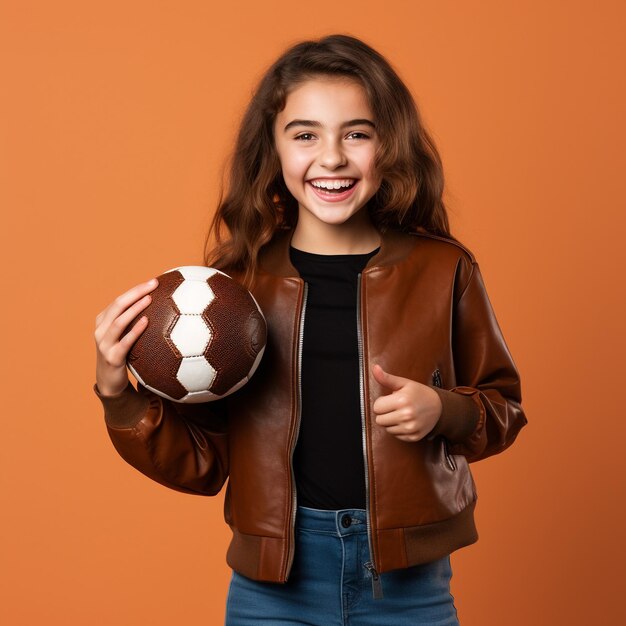 Foto foto de chica emocionada sosteniendo un fútbol aislado en la pared de color marrón