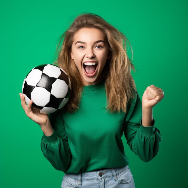 foto de chica emocionada sosteniendo un fútbol aislado en la pared de color verde