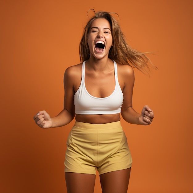 foto de una chica emocionada sosteniendo un tenis aislado en la pared de color marrón