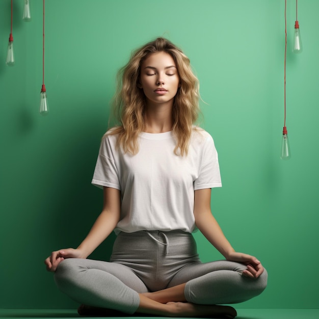 foto de una chica hipster haciendo yoga y meditación frente a una pared de color verde