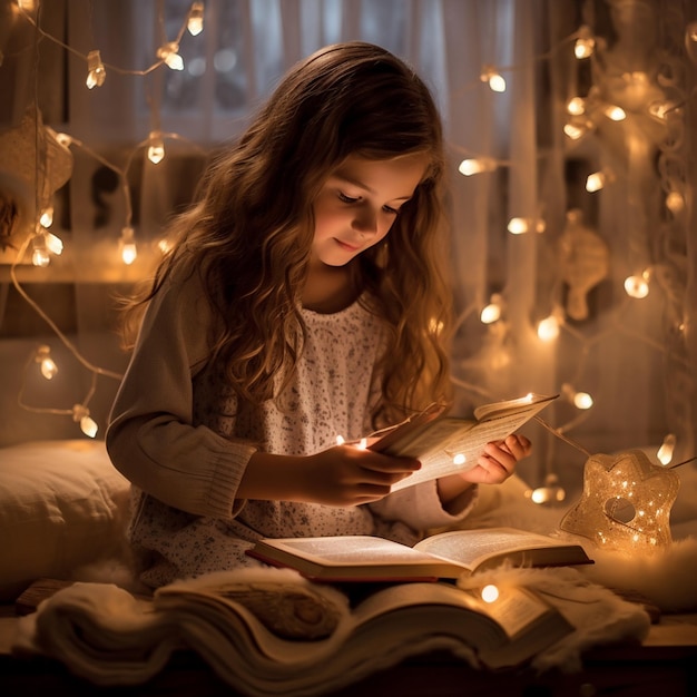 foto de una chica linda leyendo un libro alrededor de una decoración linda