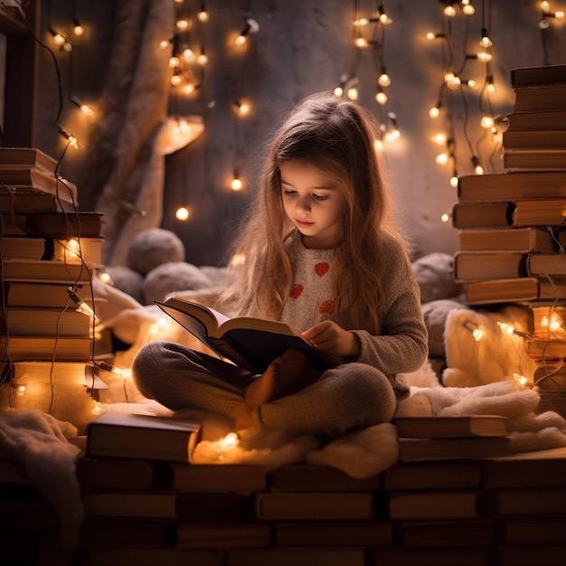 foto de una chica linda leyendo un libro alrededor de una decoración linda