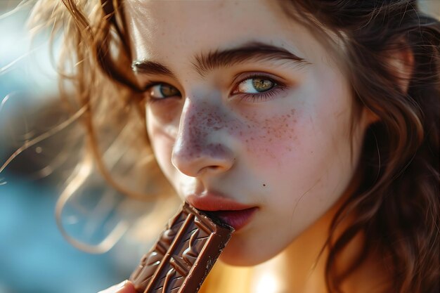 Foto de una chica masticando una barra de chocolate