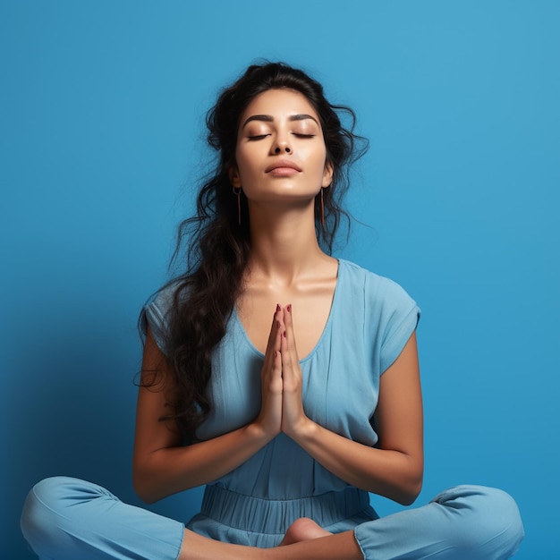 foto de una chica mexicana haciendo yoga y meditación frente a una pared de color azul