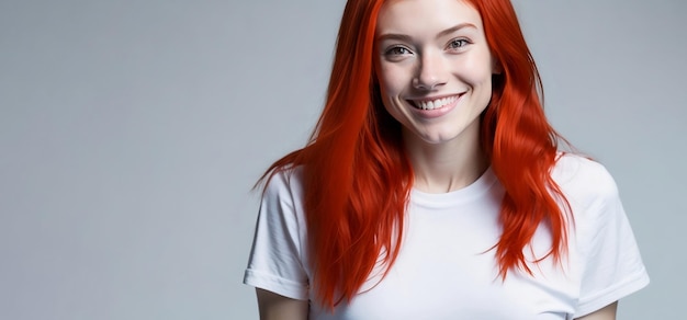 foto de una chica pelirroja con camisa blanca aislado espacio de copia de fondo gris