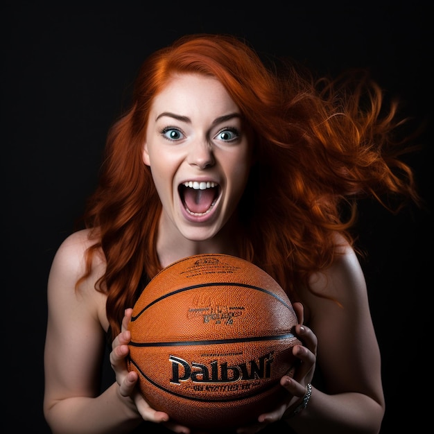 foto de una chica pelirroja emocionada sosteniendo una pelota de baloncesto