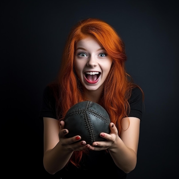 foto de una chica pelirroja emocionada sosteniendo una pelota de béisbol