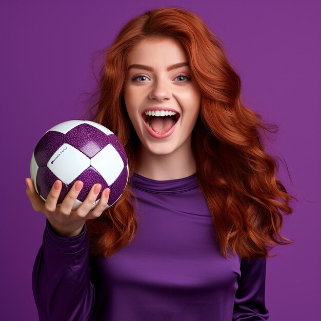 foto de una chica pelirroja emocionada sosteniendo una pelota de voleibol