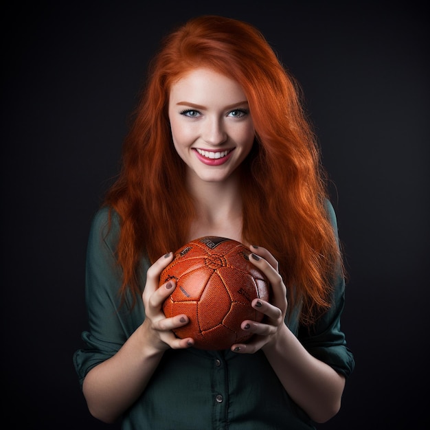 foto de una chica pelirroja emocionada sosteniendo una pelota de voleibol