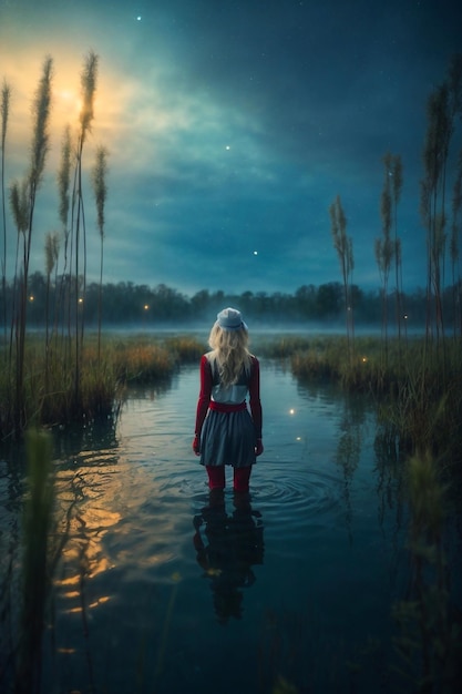 Una foto de una chica de pie en un pantano y cañas en una noche de luna