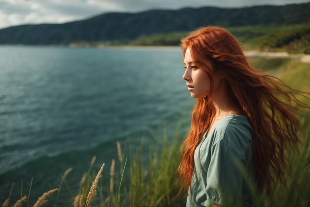 foto de una chica sola en el lago de hierba cabello largo rojo