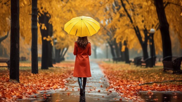 Foto de una chica sola en el parque de otoño con un paraguas amarillo en clima lluvioso