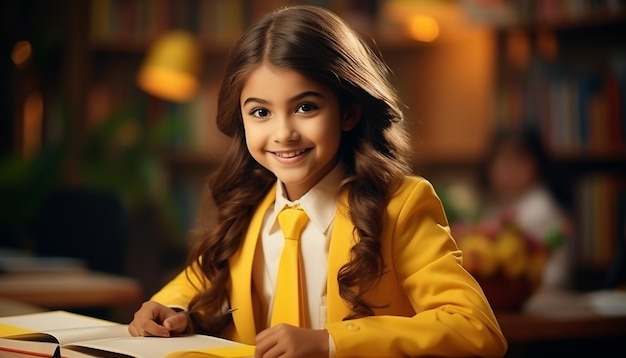 foto de una chica sonriente linda y alegre sosteniendo un libro