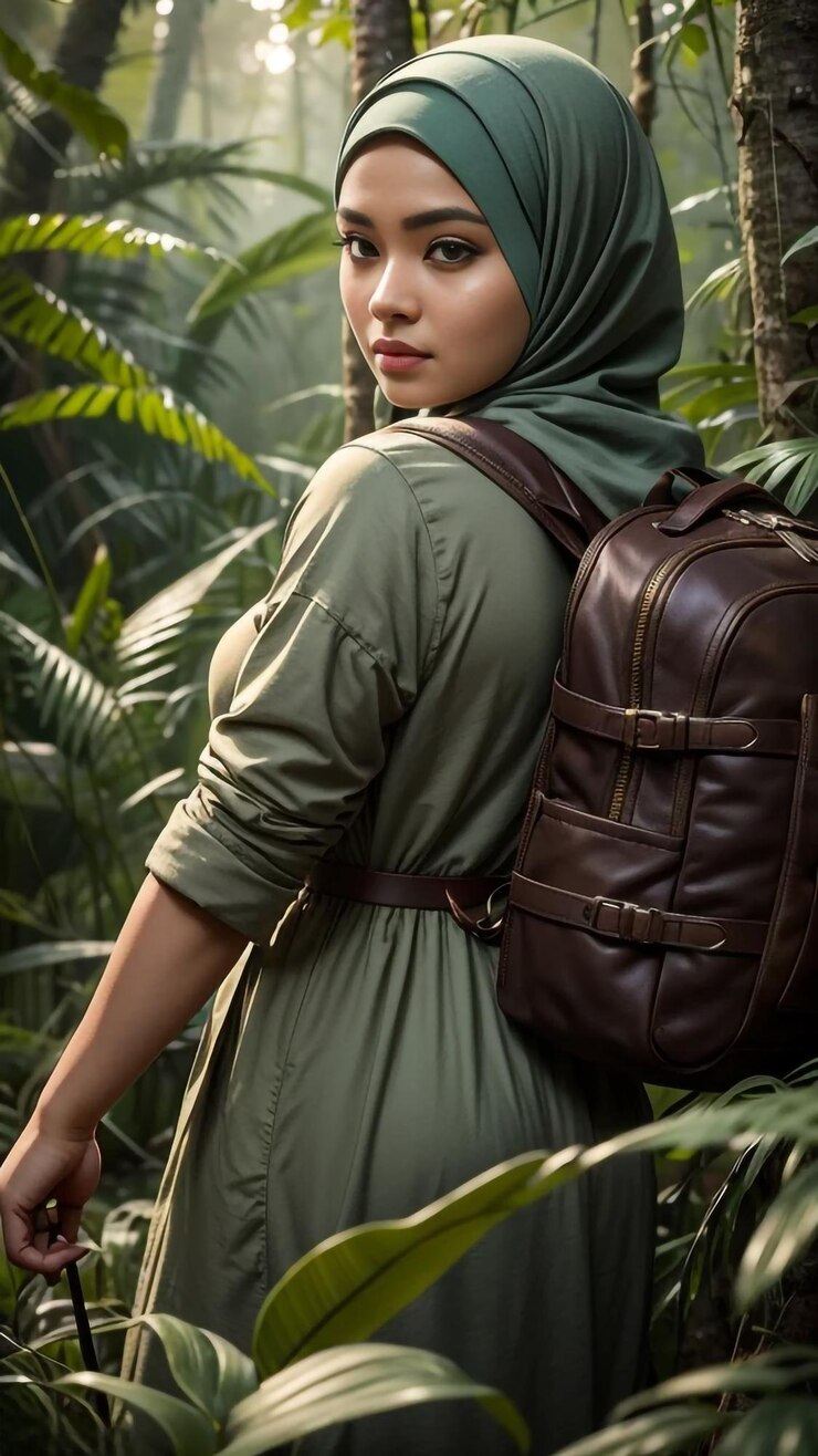 Una foto de una chica turista asiática de pie en un bosque tropical