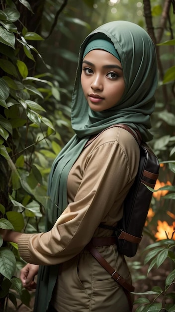 Una foto de una chica turista asiática de pie en un bosque tropical