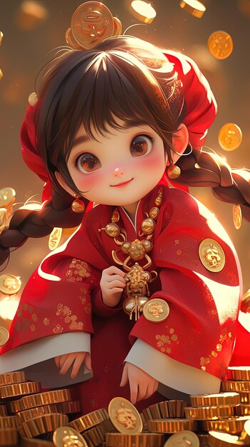 Foto una foto de una chica con un vestido rojo y botones de oro