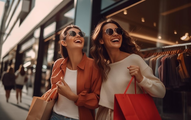 Foto de chicas felices y emocionadas comprando con bolsas coloridas