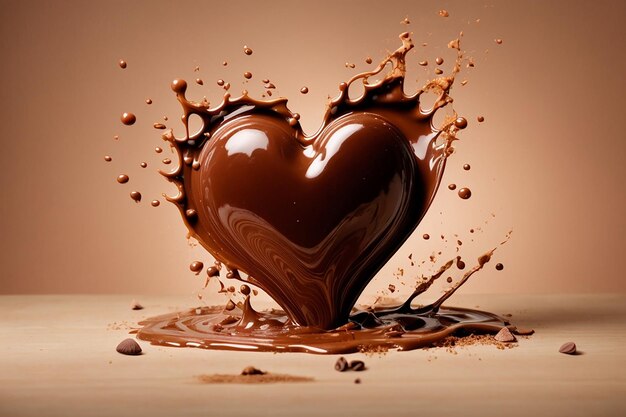 Foto chocolate splash en forma de corazón amor de chocolate aislado sobre fondo marrón