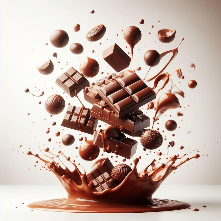 foto de chocolate volando en el aire con líquido de chocolate y pequeños pedazos de chocolate
