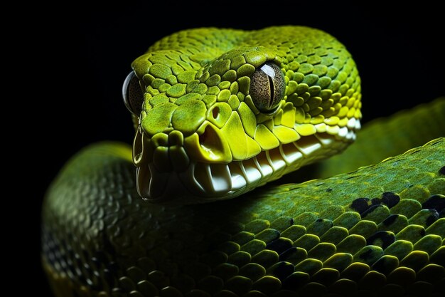 Foto Chondropython Viridis Schlange in Nahaufnahme mit schwarzem Hintergrund Morelia Viridis schlange