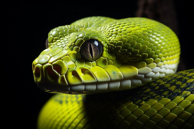 Foto Chondropython Viridis Schlange in Nahaufnahme mit schwarzem Hintergrund Morelia Viridis schlange