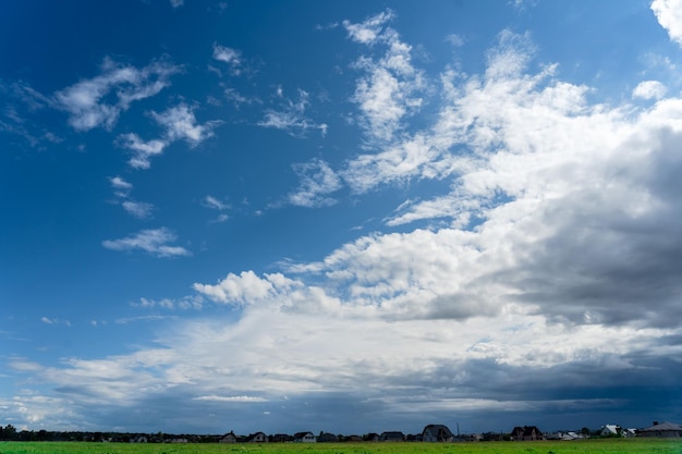 Foto del cielo azul claro con nubes blancas sobre el campo