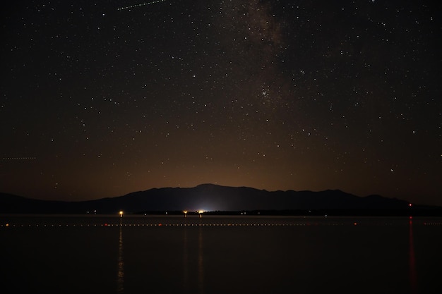 Foto de un cielo nocturno lleno de estrellas sobre un mar en calma y tierra de fondo