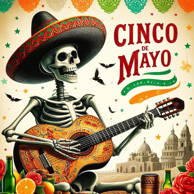 Foto foto cinco de mayo poster oder flyer design vorlage mit gitarren spielen skelett